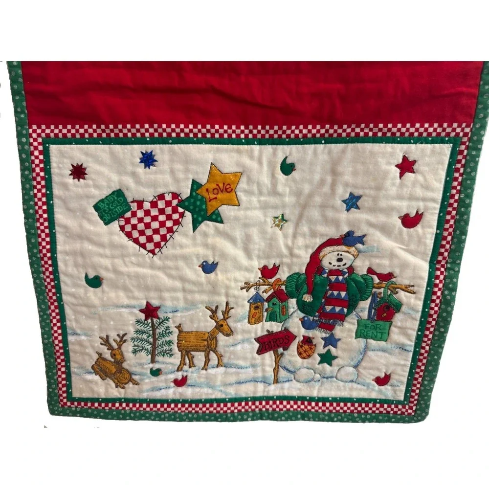 Handmade Quilted Christmas Snowman Wall Hanging Banner Winter Reindeer Fabric